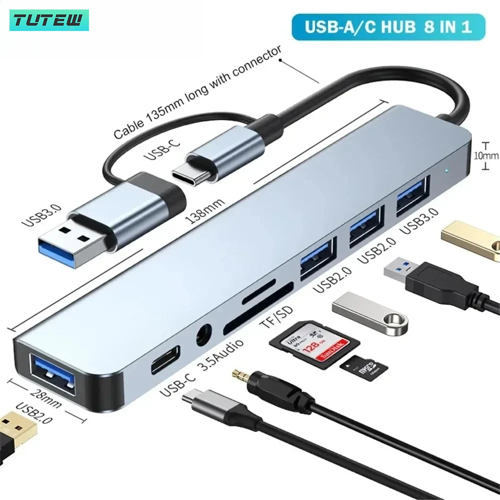 Laptop Accessories Hub - 8-in-1-USB-C-Hub, USB-Splitter, USB-Extender mit 4 USB-Anschlüssen,