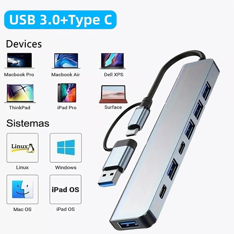 Laptop Accessories Hub - 2-in-1 USB3.0-Hub mit 7 Anschlüssen, Typ-C-Extender-Splitter