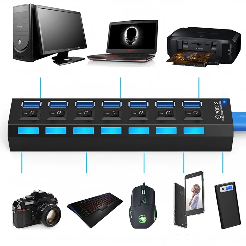 7-Port USB 2.0 Hub mit LED, 5  – Laptop Accessories Hub Bewertung und Preis